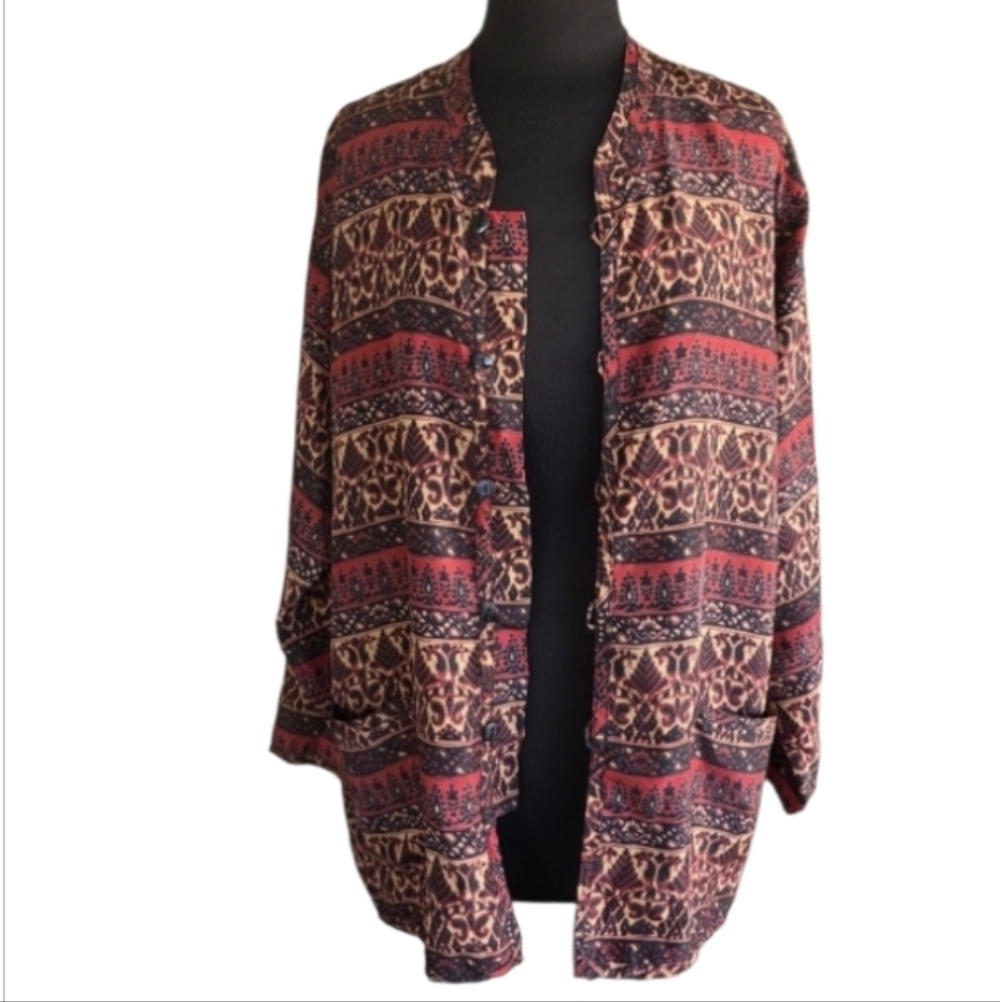 Vintage Chico's Large Silk Kimono Jacket Red Black Hippie Boho Chic Bohemian